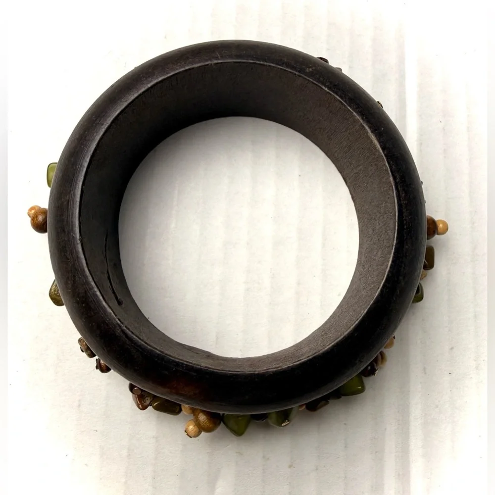 Wooden Bangle Bohemian Boho Beaded Chunky Bracelet Glass‎ Wood Nature Artisan